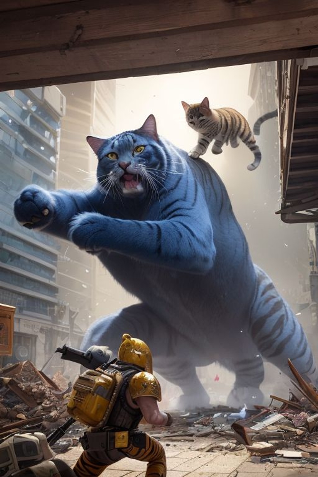 Prompt: ((Best quality)), ((masterpiece)), an ((illustration)) by the talented artist Leonid Kozienkod that showcases stunning realism. In this artwork, an angry giant cute cat attacks a building, causing chaos and destruction in a cityscape. The illustration captures the intensity of the cat's attack, with motion blur emphasizing its swift movements. Alongside the giant cat, numerous other cats join the rampage, creating a scene filled with feline fury