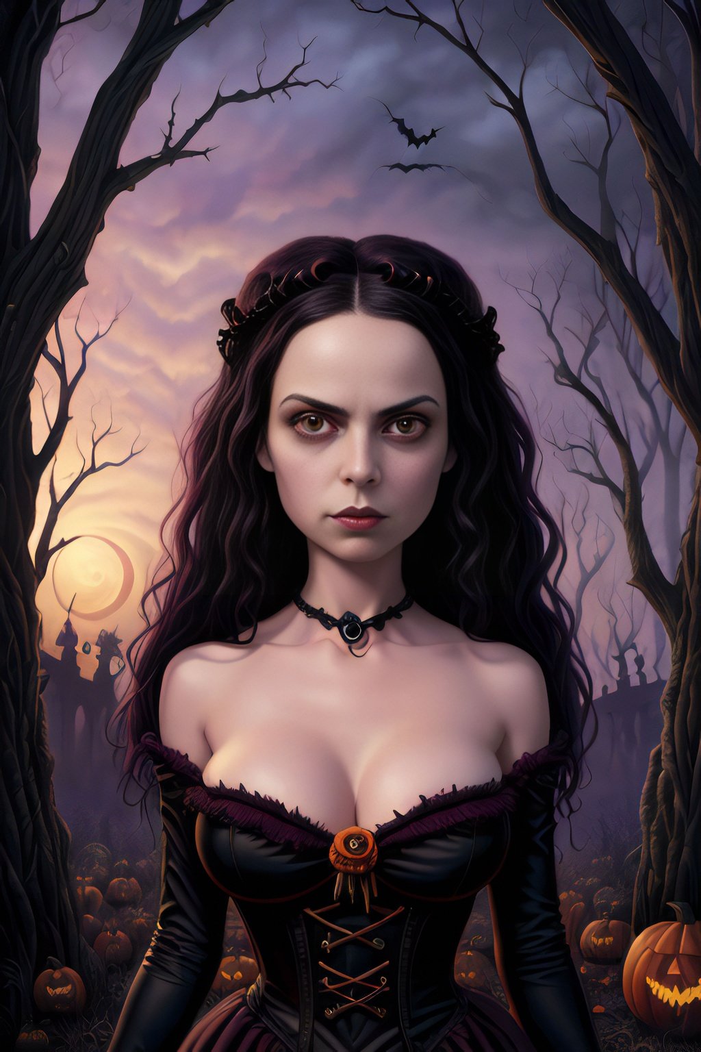 Prompt: highest quality, an 8k resolution illustration of a dark romantic gothic fantasy girl, by Tim Burton and Mark Ryden and Alex Gross, wearing a halloween costume, clear highly detailed face, in the style of The Nightmare Before Christmas, digital painting, extremely detailed, artstation hq