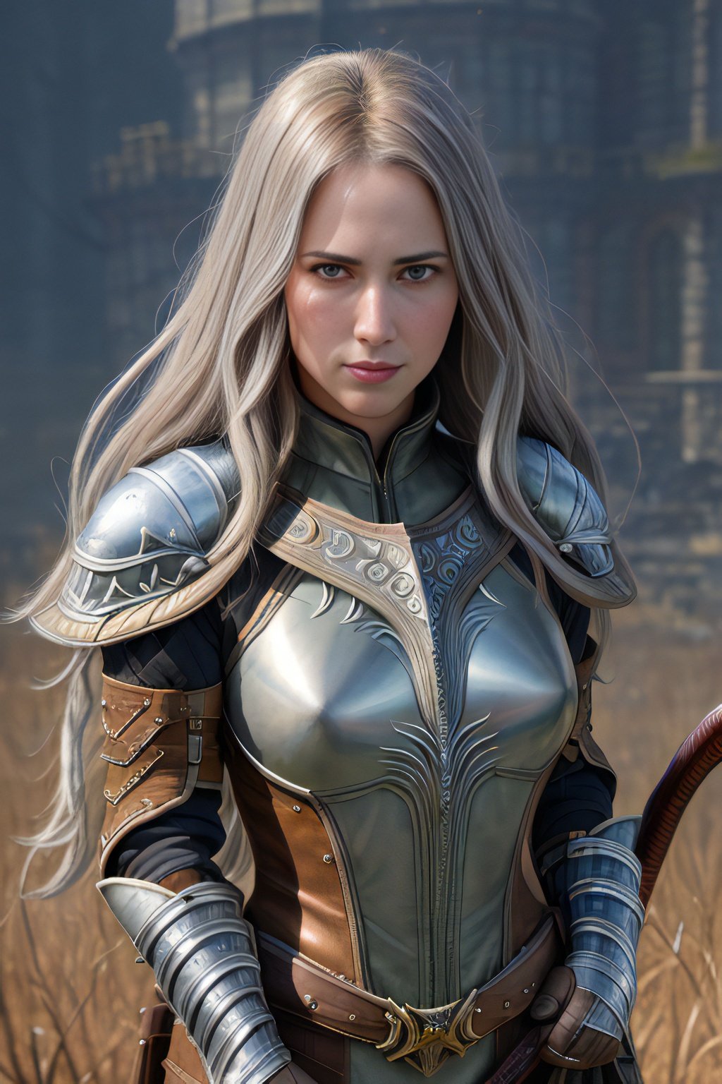 Prompt: highest quality, highly detailed sharp illustrated portrait of a beautiful female hunter with shimmering hair, by Frank Cho, digital painting, symmetrical face and eyes, dressed in intricate silver, cgsociety, Elden Ring, Dark Souls, Bloodborne, artstation hq, behance hd, trending on artforum