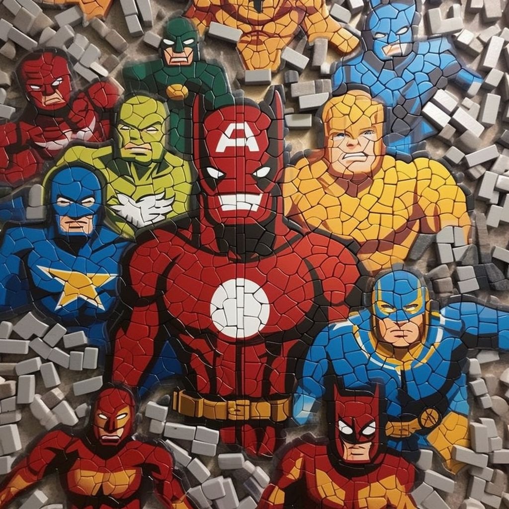 Prompt: marvel super heros dc comics made by tiles, half of tiles are tilted