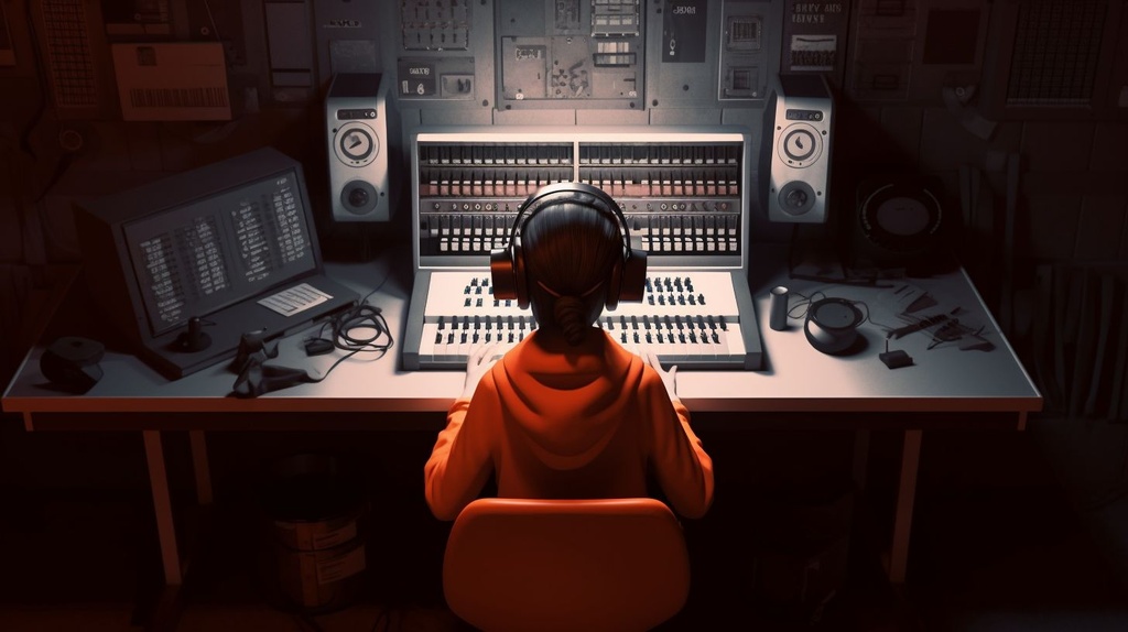 Prompt: a young computer technician typing with her head down on the desktop, in the style of mcdonaldpunk, slender, black and white documentary, unreal engine, horror, dark orange and gray, aerial view