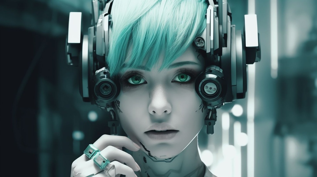 Prompt: a woman with a strange face and in a futuristic setting, in the style of nightcore, postmodern mashup, thx sound, teal and gray, nintencore, high speed film, argus c3