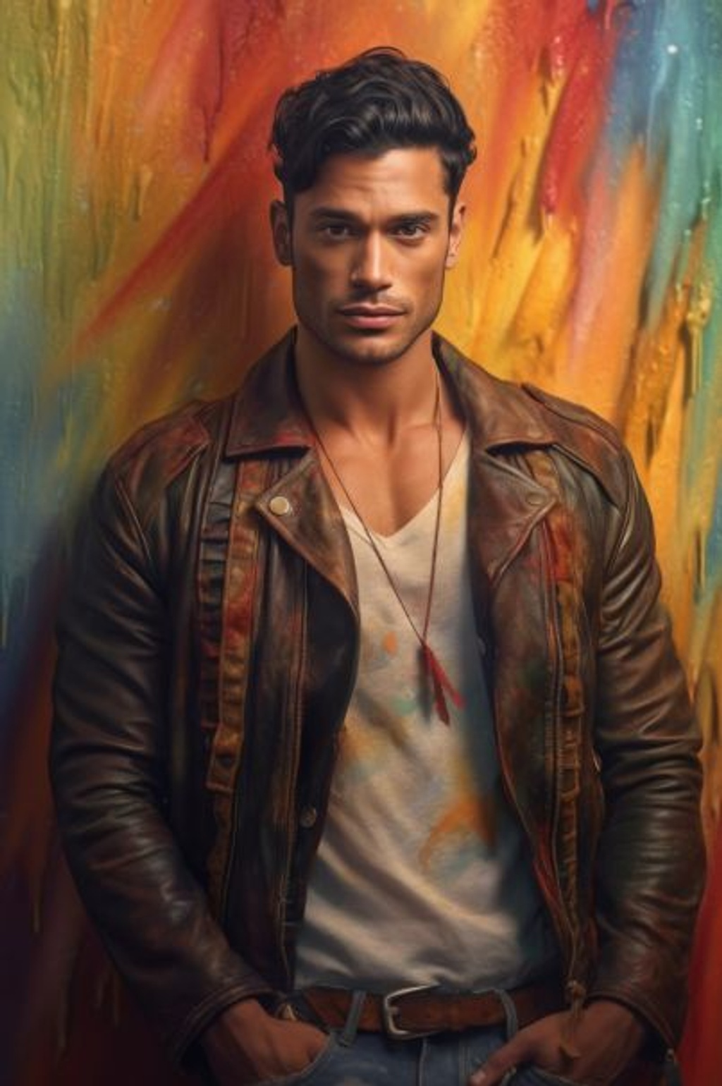 Prompt: stereotypical Puerto Rican man with rich tan skin, a very attractive smirk, an open leather jacket with a white undershirt, wavy black hair covered with rainbow colors, looking directly and flirtatiously at you. He has cool, fun vibes! A really attractive and appealing image. --ar 2:3 --q 2 --upbeta --v 5.1