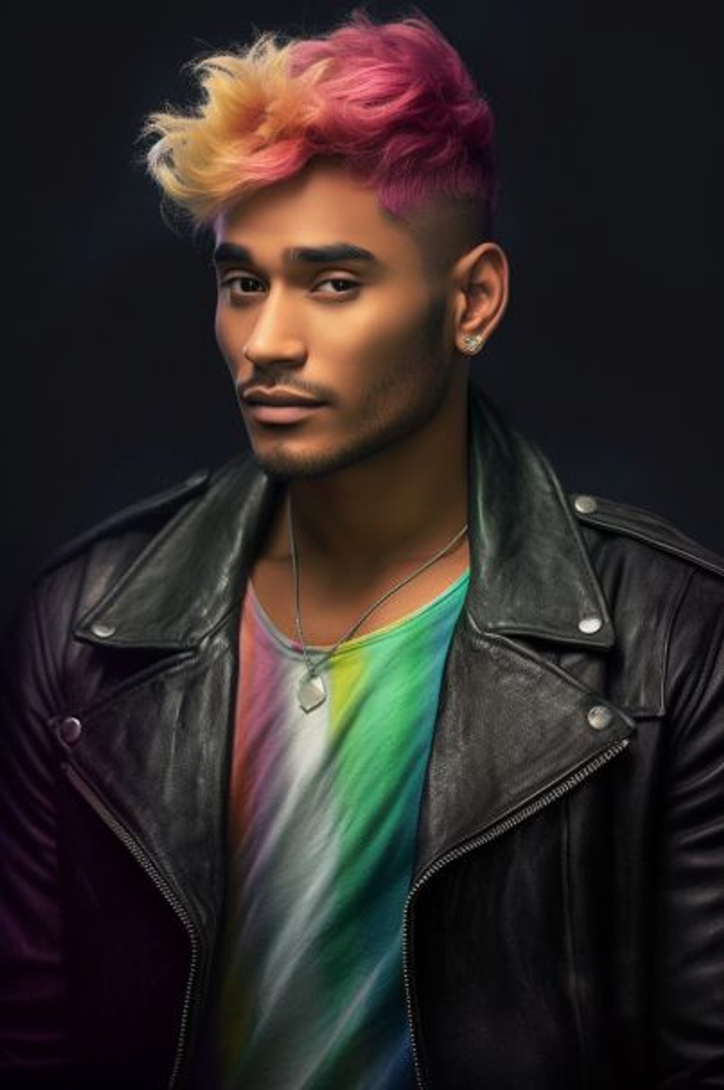 Prompt: stereotypical Puerto Rican man with rich tan skin, wavy rainbow colored hair with black roots, a very attractive smile, an open leather jacket with a white undershirt, looking directly and flirtatiously at you. He has cool, fun vibes, and the rainbow-colored hair is very attractive and dynamic! --ar 2:3 --q 2 --upbeta --v 5.1 