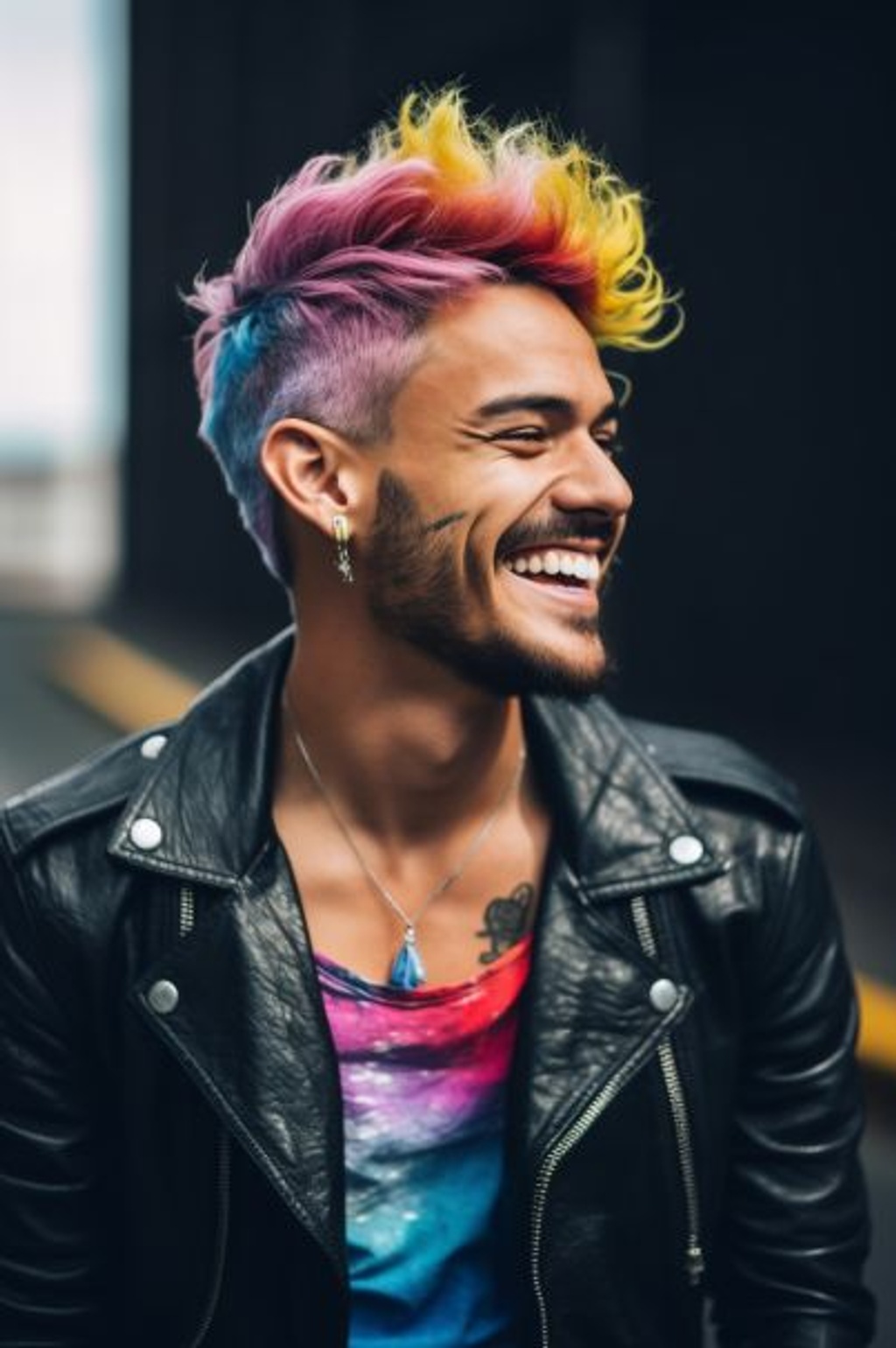Prompt: stereotypical Puerto Rican man with rich tan skin and wavy rainbow hair with black roots in a very cool looking hairstyle, a very attractive smile, an open leather jacket over a white undershirt, and black jeans. He has cool, fun vibes --ar 2:3 --q 2 --upbeta --v 5.1