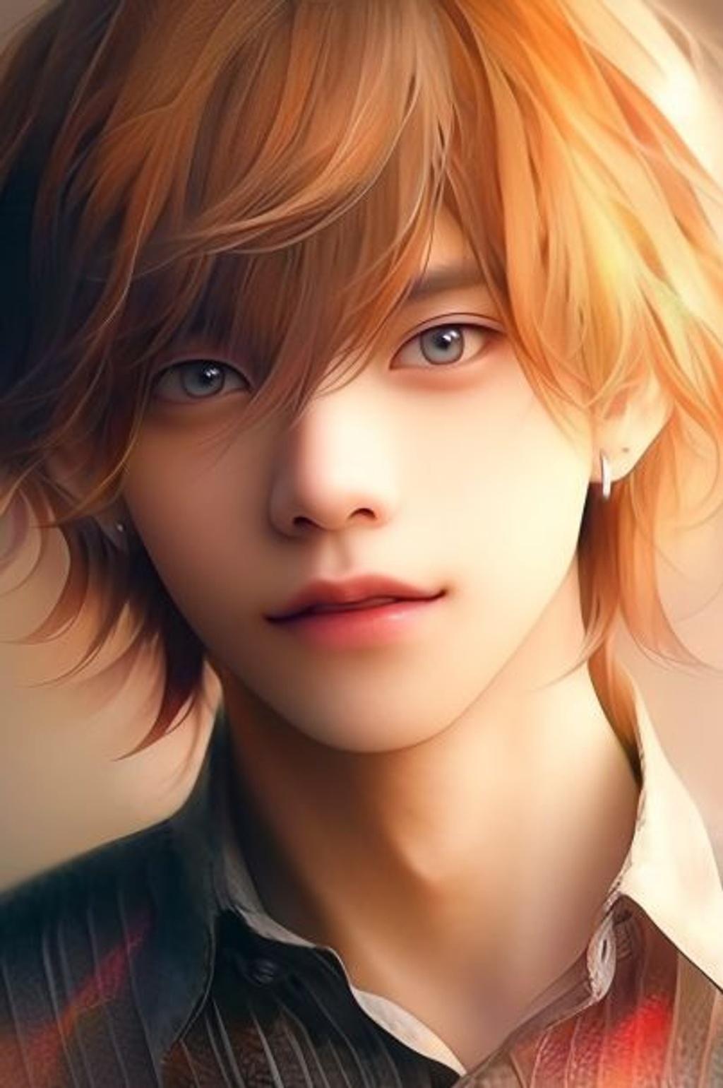 Prompt: mix between a stereotypical Puerto Rican man with rich tan skin, and a asian Kpop Idol, long and lean with a feminine vibe, wavy ginger hair roots and frosted rainbow highlights, looking directly and flirtatiously at you, very smooth in his flirtatious charm with a very attractive vibe --ar 2:3 --style cute --q 2 --upbeta --niji 5