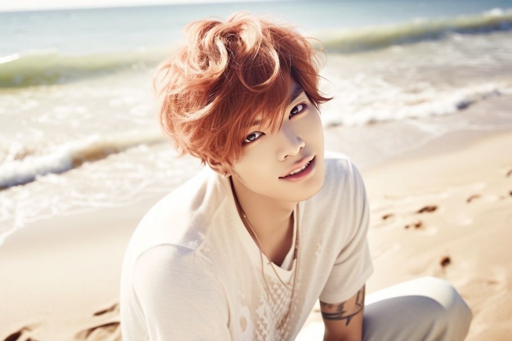 Prompt: mix between a stereotypical Puerto Rican man with rich tan skin, and a asian Kpop Idol, long and lean with a feminine vibe, wavy ginger hair roots and frosted rainbow highlights, looking directly and flirtatiously at you, very smooth in his flirtatious charm with a very attractive vibe --ar 3:2 --q 2 --upbeta --niji 5