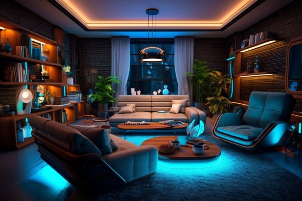 Prompt: living room with a comfortable modern 2020's theme, with modern furniture and appliances. The walls, the furniture, and all the modern details glow with a relaxing blue neon light. All with a 1950's feel with everything modern, sleek with no hard edges --ar 3:2 --q 2 --upbeta --v 5.1