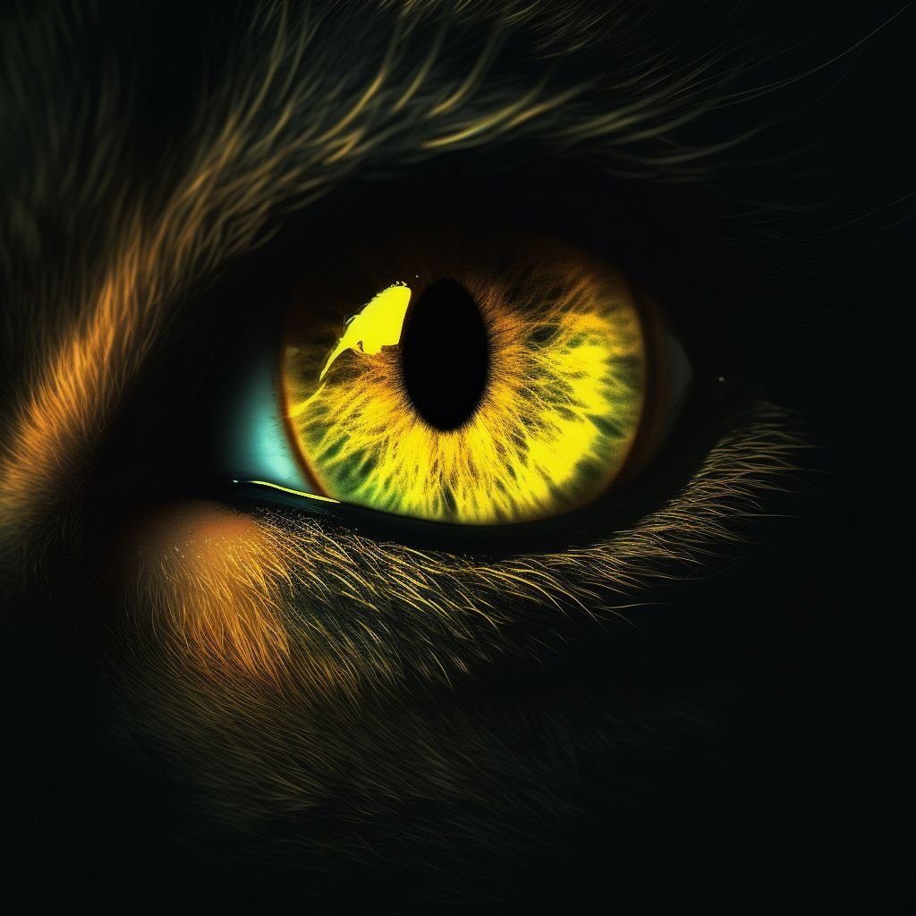 Prompt: yellow intense glowing cat eyes in the dark, pop surreal