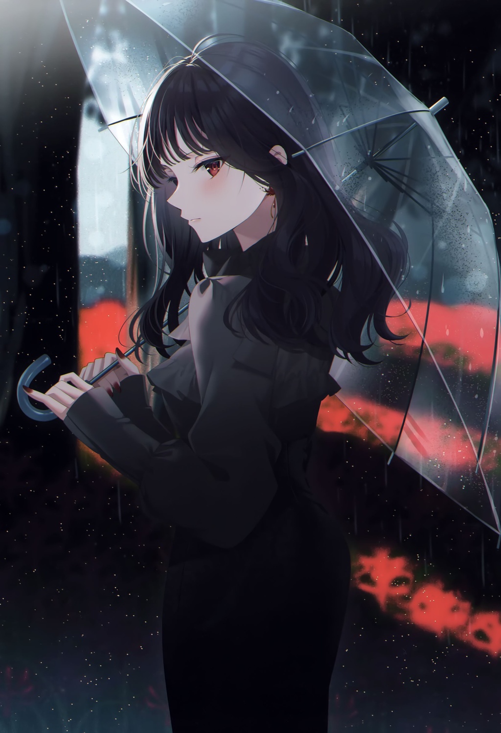An anime-style avatar of a girl with an umbrella in the rain on Craiyon
