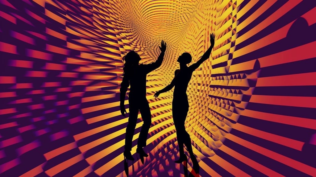 Prompt: a black and yellow person holding a person that looks like the person is dancing, in the style of colorful op art, distorted perspective, light red and purple, microfilm, nonrepresentational abstraction, noise photography, optical illusion