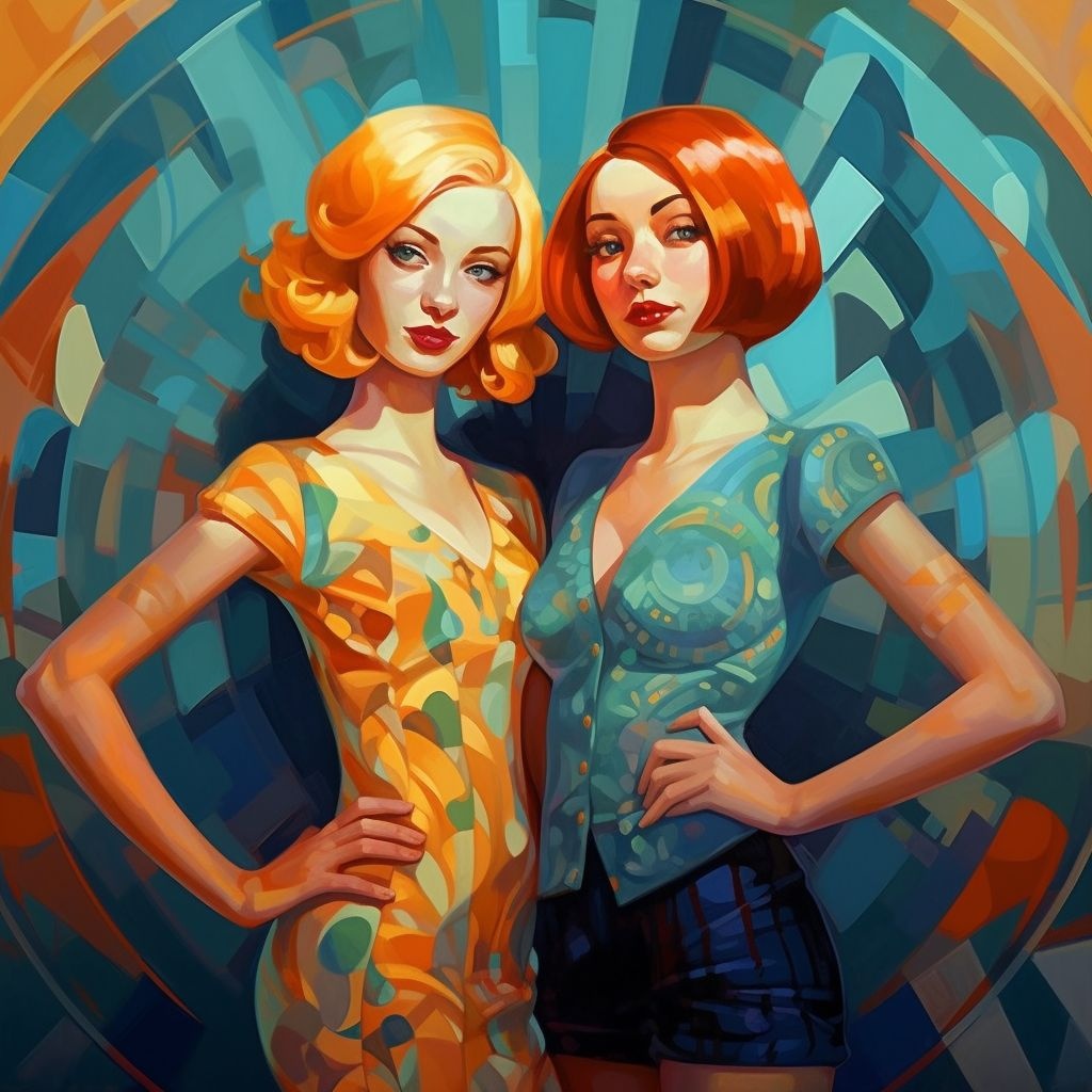 Prompt: two ladies are posing in a cartoon, in the style of speedpainting, natalia rak, colorized, dark teal and light amber