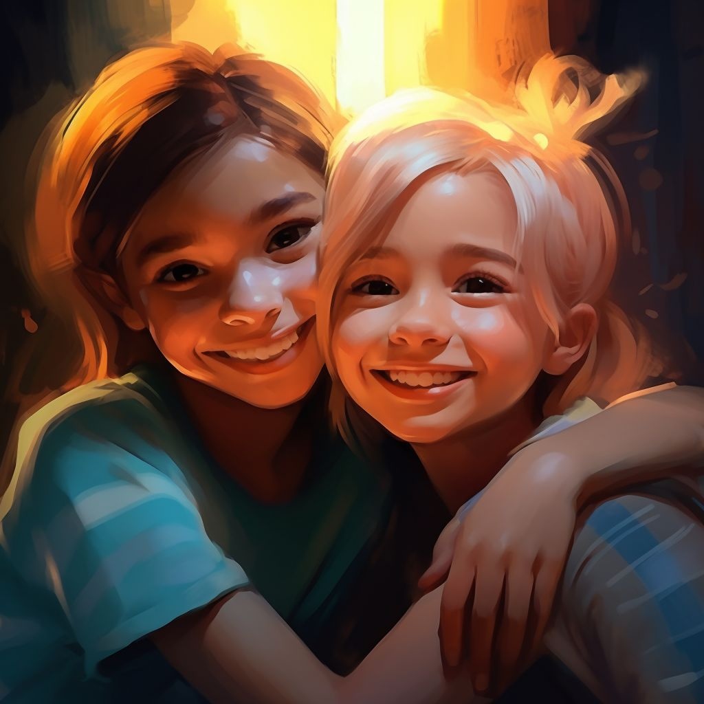 Prompt: two girls smiling next to each other, in the style of speedpainting, 8k 3d, cartoonish innocence, realistic animal portraits, minolta riva mini, dark cyan and light amber, light yellow and light red