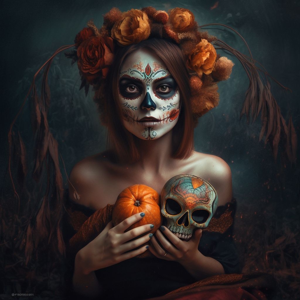 Prompt: day of the dead with pumpkin, in the style of reylia slaby, matte photo, realistic figurative paintings, skeletal, mars ravelo, abigail larson, saturated color scheme