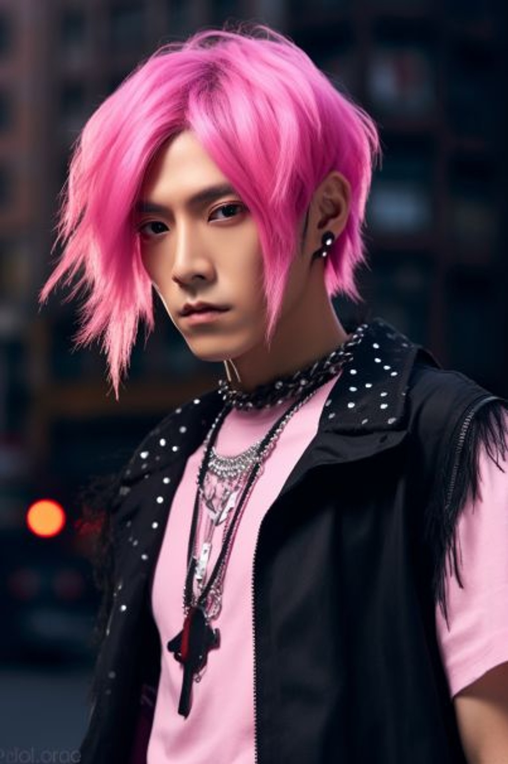Prompt: Midjourney Bot BOT  — Today at 7:32 PM mixed-race Asian Kpop artist, with long black and pink bubblegum hair. He is tall and lean, with bright blue eyes, a flirtatious vibe and attractive arrogance. This beautiful K-Pop star has an amazing street style, very cool. New York vibes --ar 2:3 --q 2 --upbeta --v 5.1