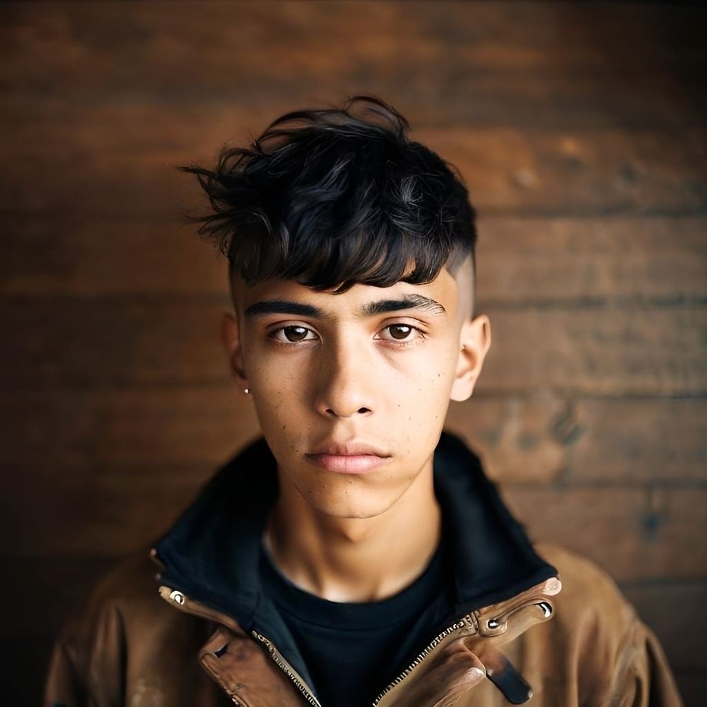 Prompt: 18 years old, punk boy, bolivian mestizo, latin skin, brown eyes, mullet haircut, black hair, skinny body, punk style, looks like a mix between Oliver Sykes and Devon Bostick.