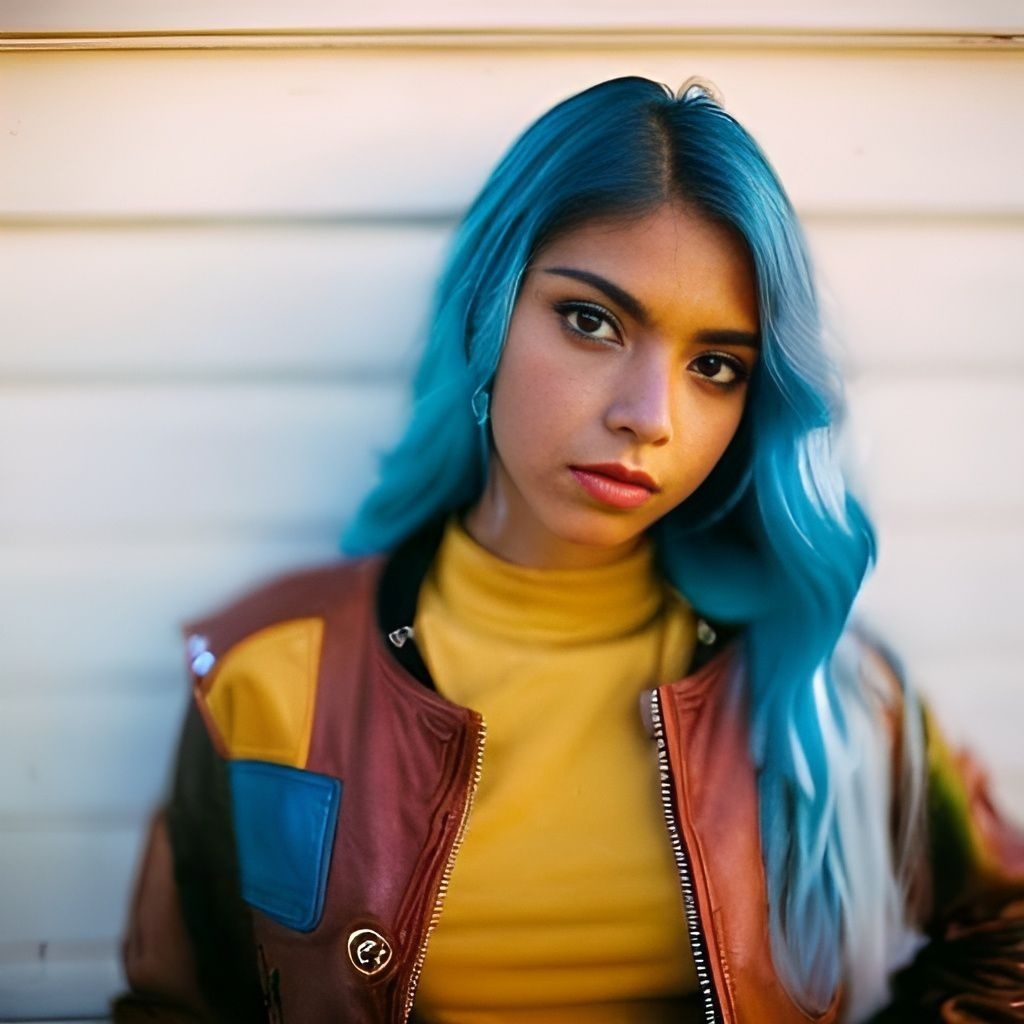 Prompt: 17 years old, punk girl, punk style, bolivian, latin mestizo skin, brown eyes, long blue dye hair, skinny body.