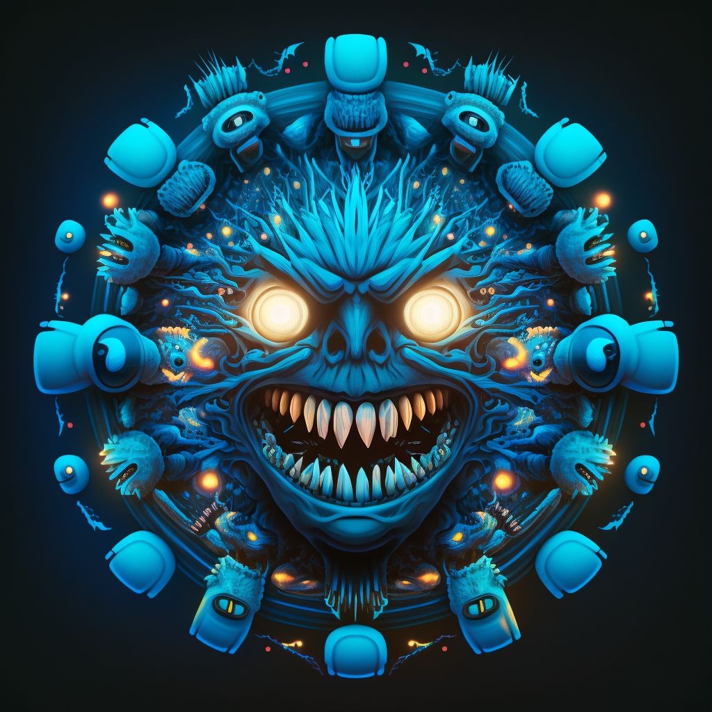 Prompt: a blue man face in the center of a circle showing many lights, in the style of teethcore, machine aesthetics, 2d game art, tooth wu, 3d, exaggerated caricatures, human anatomy