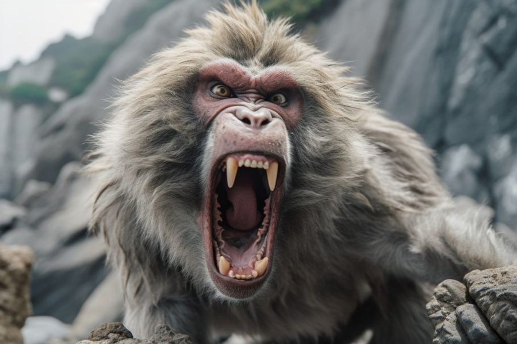 Prompt: big buff (alpha) cybernetic-Japanese macaque/baboons, standing on rocks with their teeth and fists ready to fight with a very aggressive look. They are puffing up and showing their teeth, and they look like they are completely ready to take on an opponent. The whole scene is aggressive, and they look hungry to fight. --ar 3:2 --q 2 --upbeta --v 5.1