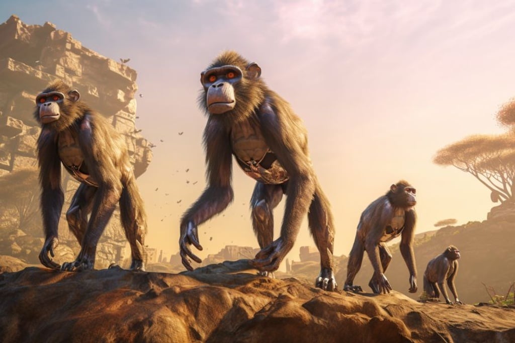 Prompt: pack of cybernetic baboons, mean, aggressive; standing on rocks with the alpha standing big and tall in the middle. All the cybernetics baboons are cybernetic, with the alpha having the most. --ar 3:2 --q 2 --upbeta --v 5.1