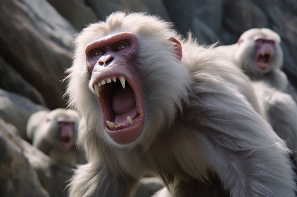 Prompt: hotorealistic, big buff pure white (alpha) cybernetic-Japanese macaque/baboons, standing on rocks with their teeth and fists ready to fight with a very aggressive look. They are puffing up and showing their teeth, and they look like they are completely ready to take on an opponent. The whole scene is aggressive, and they look hungry to fight. --ar 3:2 --iw .5 --q 2 --upbeta