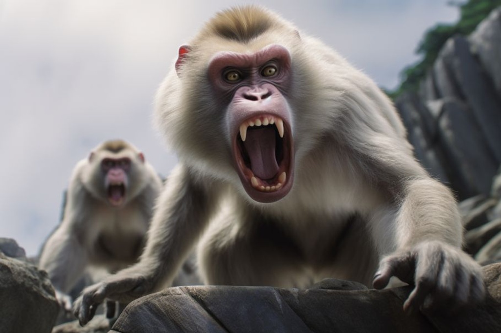 Prompt:  photorealistic, big buff pure white (alpha) cybernetic-Japanese macaque/baboons, standing on rocks with their teeth and fists ready to fight with a very aggressive look. They are puffing up and showing their teeth, and they look like they are completely ready to take on an opponent. The whole scene is aggressive, and they look hungry to fight. --ar 3:2 --iw 1 --q 2 --upbeta