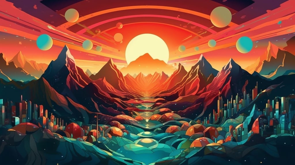 Prompt: the sky and sun are reflected with colorful mountains and domes, in the style of futuristic digital art, dark cyan and light crimson, escher-inspired, geomeric shapes, vibrant colorscape, stimwave, nightscapes