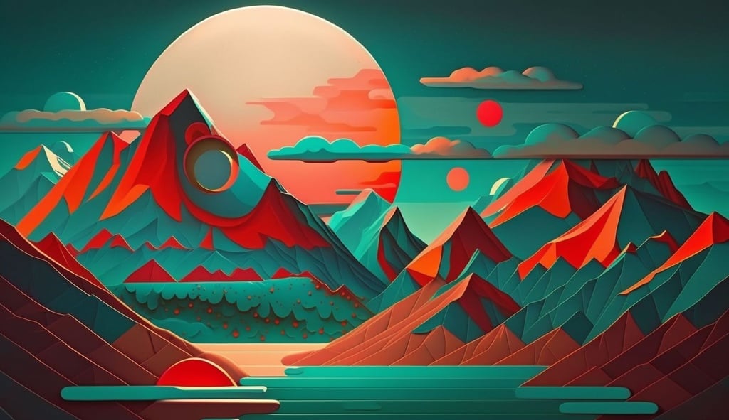 Prompt: a brightly colored mountain landscape scene with the moon and sun, in the style of futuristic geometric abstraction, illusion of depth, subtle gradients, zigzags, large canvas sizes, neon realism, teal and red