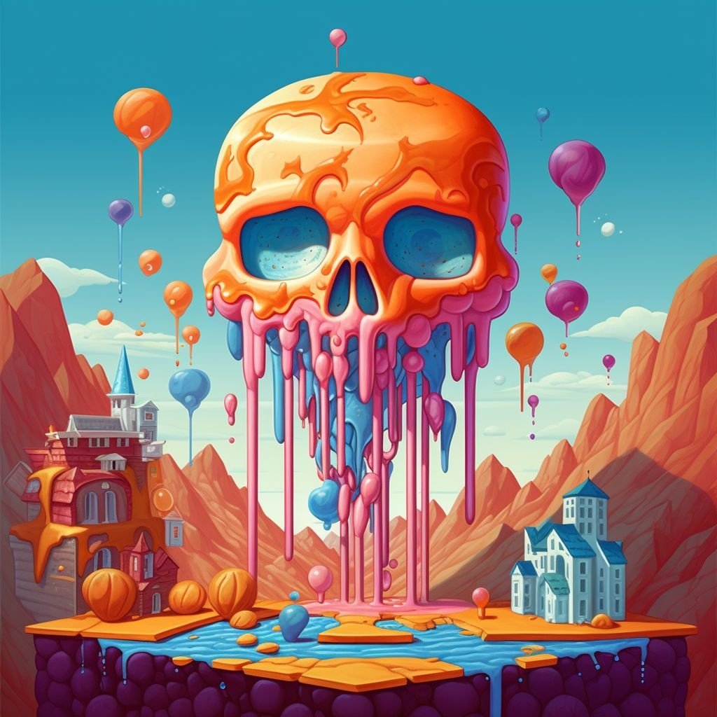 Prompt: a pixelated monster of a blue and orange character with a lot of juice in it, in the style of surreal 3d landscapes, pigeoncore, dripping paint, paul corfield, detailed world-building, skull motifs, warm color palette