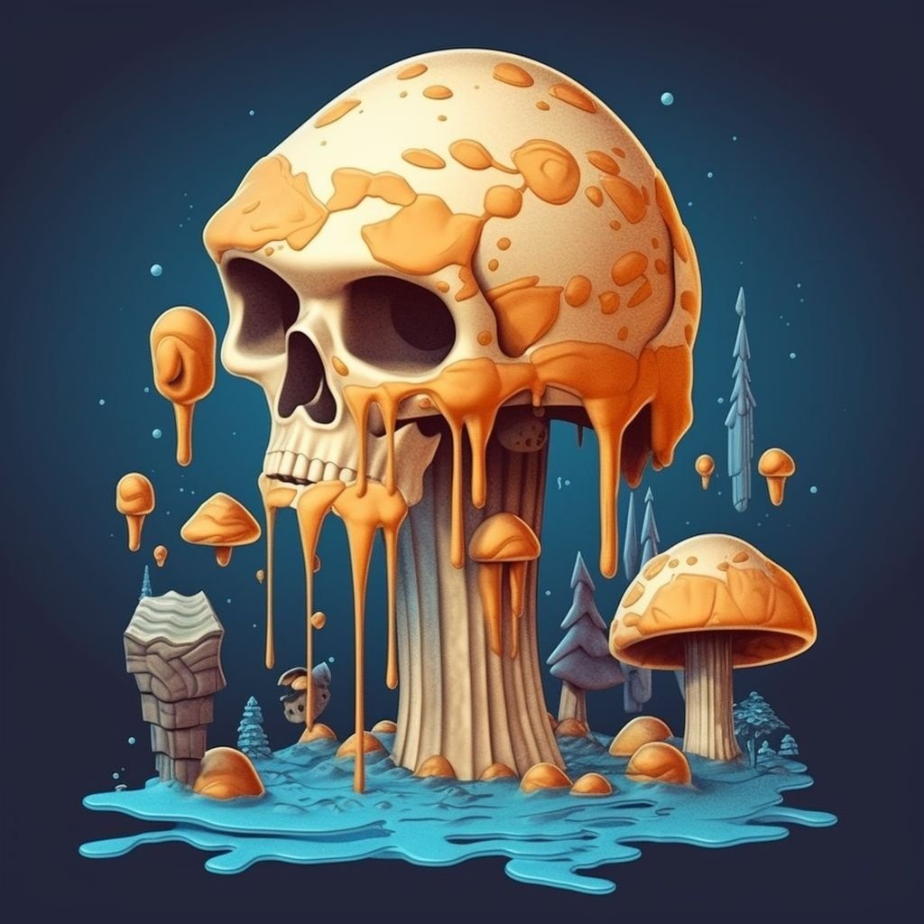 Prompt: 5 dimensional print + free download digital illustration free vector, in the style of mushroomcore, colorful pixel-art, melting, detailed character design, ominous landscapes, made of cheese, brown and azure