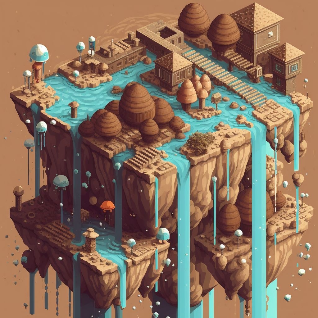 Prompt: pixel art is thrown into the mix, in the style of paint dripping technique, mushroomcore, isometric, painted illustrations, gigantic scale, brown and blue