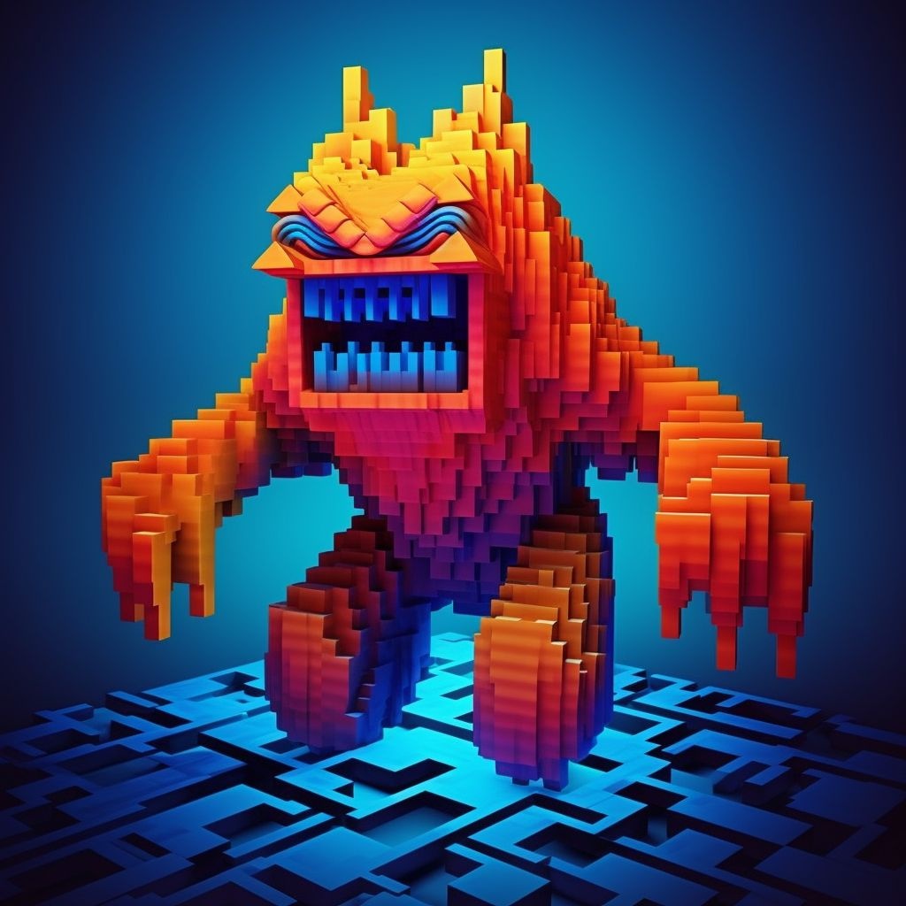 Prompt: pixel art digital monster from the book art of game art monster design, in the style of dark orange and sky-blue, futurist abstraction, 32k uhd, mark kostabi, distorted perspectives, exaggerated forms, voxel art, cross-processing/processed