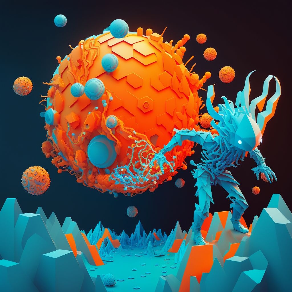 Prompt: a creature is standing in space next to an orange orb, in the style of voxel art, cyan and blue, playful chaos, kidcore, expansive landscapes, jump cuts, limited palette