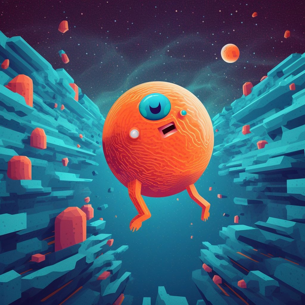 Prompt: a creature is standing in space next to an orange orb, in the style of voxel art, cyan and blue, playful chaos, kidcore, expansive landscapes, jump cuts, limited palette