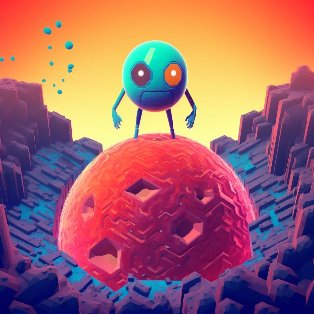 Prompt: a creature is standing in space next to an orange orb, in the style of voxel art, cyan and blue, playful chaos, kidcore, expansive landscapes, jump cuts, limited palette