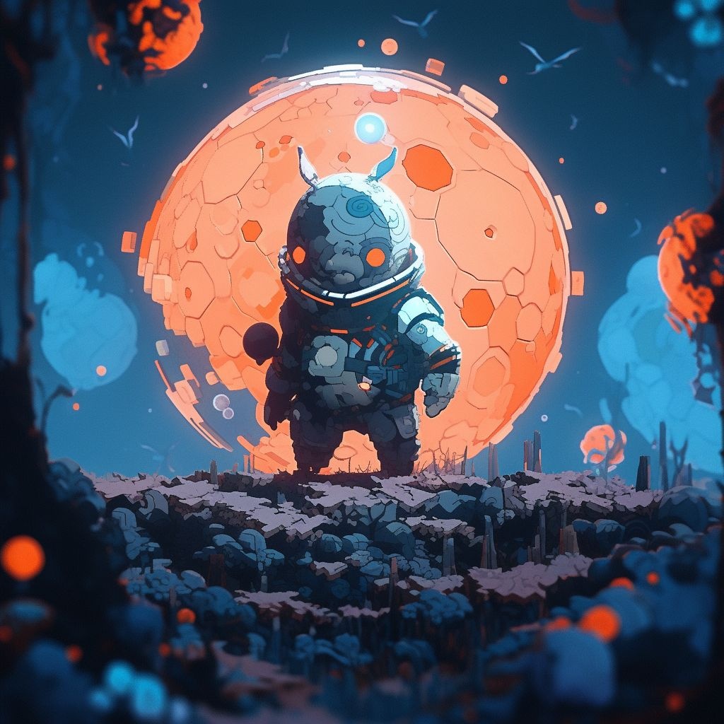 Prompt: a creature is standing in space next to an orange orb, in the style of voxel art, cyan and blue, playful chaos, kidcore, expansive landscapes, jump cuts, limited palette