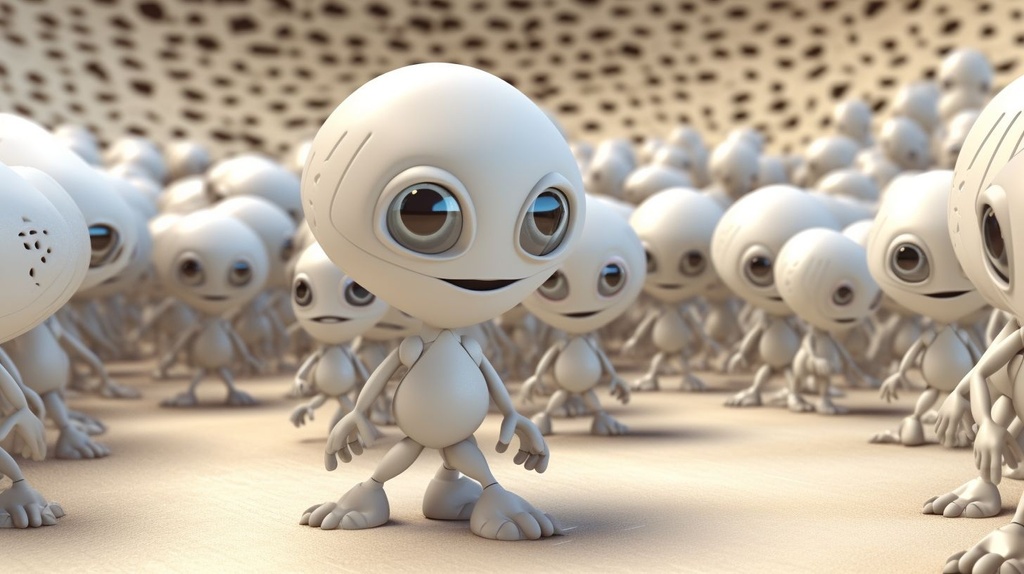 Prompt: a group of white aliens in front of a large group of paper, in the style of soft focus lens, cute cartoonish designs, hard surface modeling, desertwave, creative commons attribution, wandering eye, selective focus