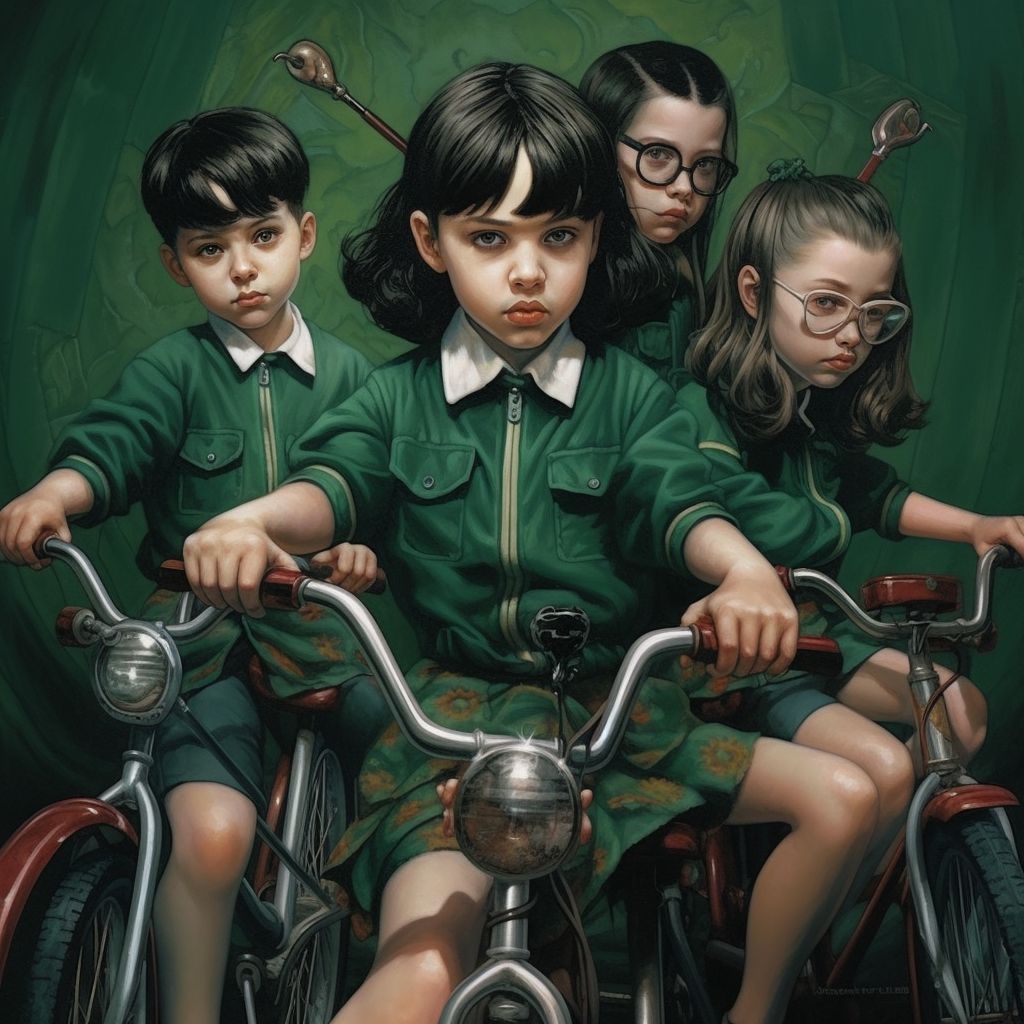 Prompt: The troublesome group of kids known as the 'bad kid gang' are riding their tricycles, in the style of light emerald and dark crimson, mark brooks, precisionist art, automatism, feminine subjects