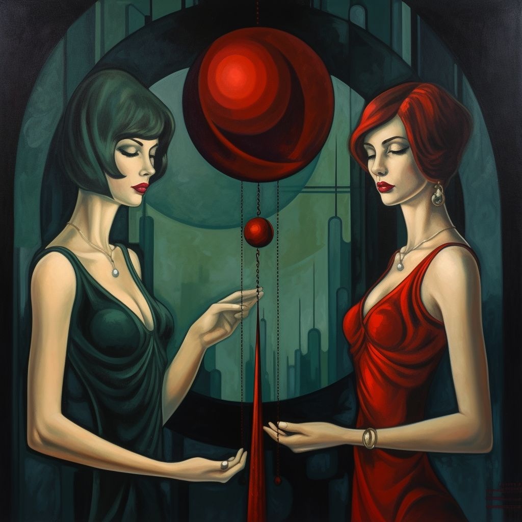 Prompt: do you see the pendulum?, hypnosis , in the style of dark emerald and red, beautiful women, depictions of labor, precisionism influence, bold outline, quantumpunk, precisionist