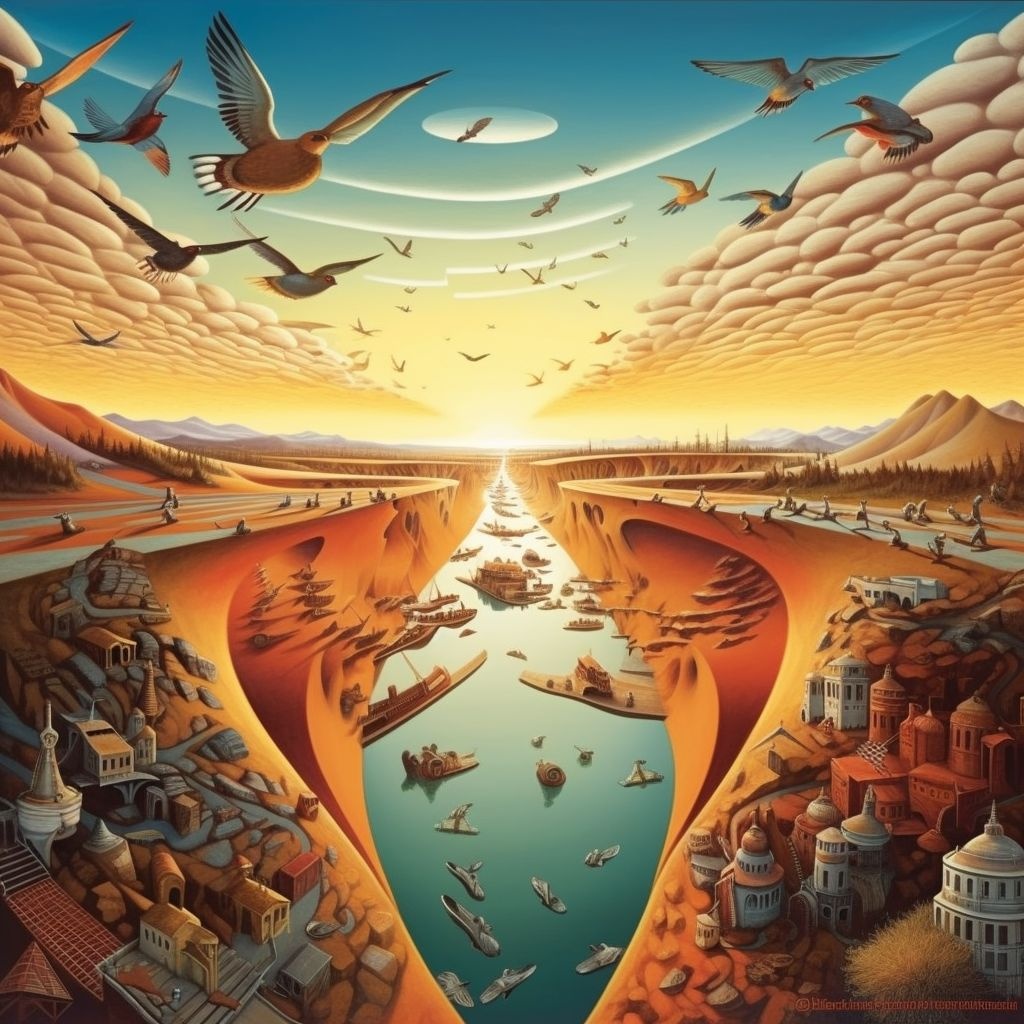 Prompt: a photo where animals are flying, in the style of psychedelic surrealist landscapes, surreal 3d landscapes, vladimir kush, martiros saryan, depth of layers, surreal human figures, wandering eye