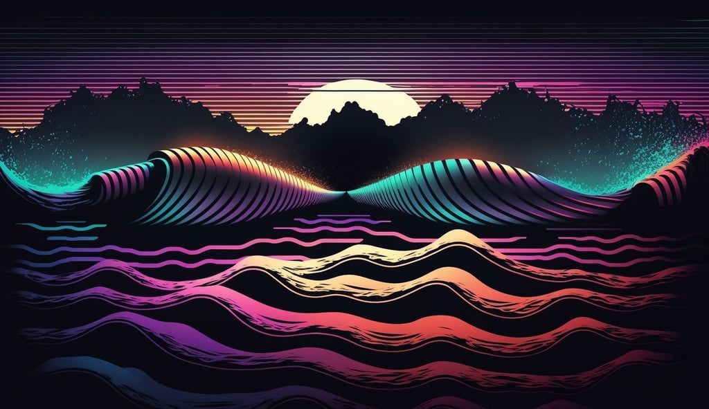 Prompt: an image of two wave lines with wave smears, in the style of synthpunk, vhs, lasar segall, changelingcore, contrasting lights and darks, 1st version, restrained palette