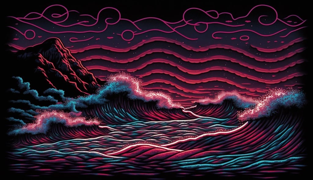 Prompt: the dark waves have the red background with blue lines in the background, in the style of glitchcore, light magenta and dark emerald, handscroll, animated gifs, fiberpunk, raw versus finished, inlay