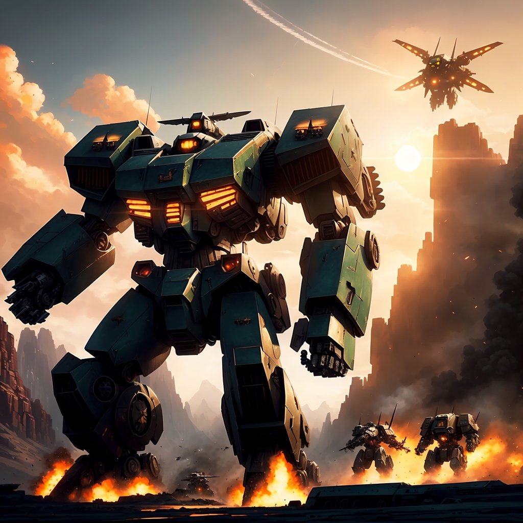 Prompt: evocative detailed Cinematic artwork ((by Eddie Mendoza)) capturing epic MechWarrior in battle, polished metallic surfaces, hulking BattleMechs engaged in fierce combat against a breathtaking backdrop of an alien landscape, the sky ignited by the blaze of a distant sun setting, Atmospheric, MechWarrior 5: Mercenaries and BattleTech.