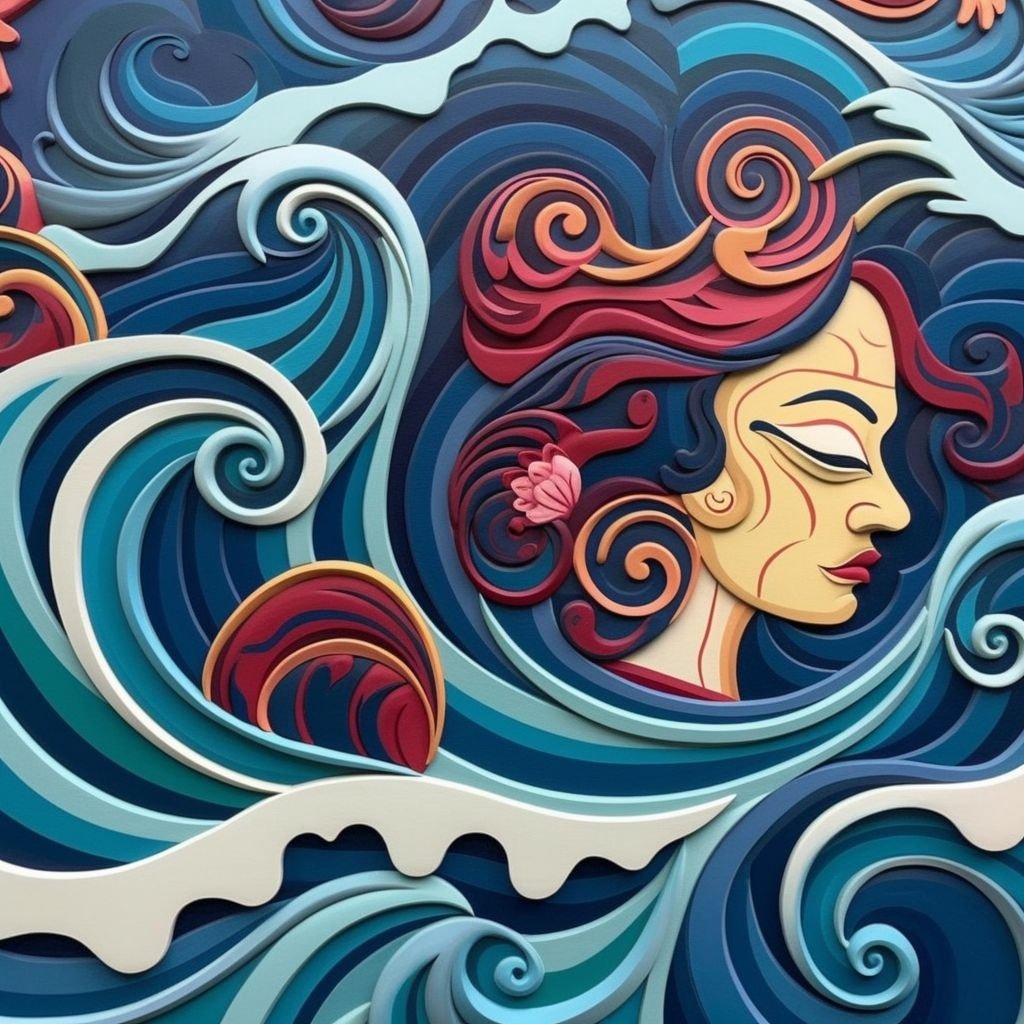 Prompt: dreamy waves come in the style of moche art