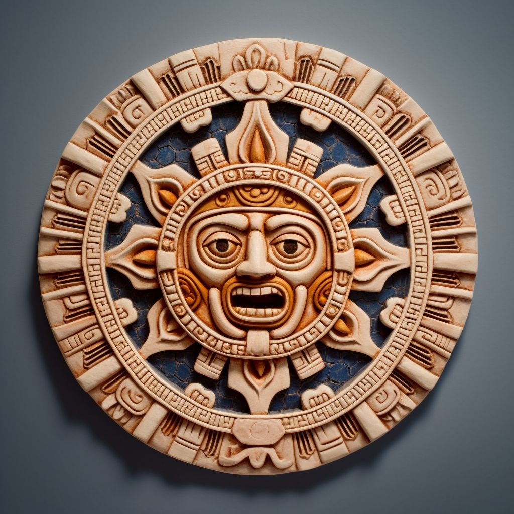 Prompt: creamic embossed sun in the style of moche art