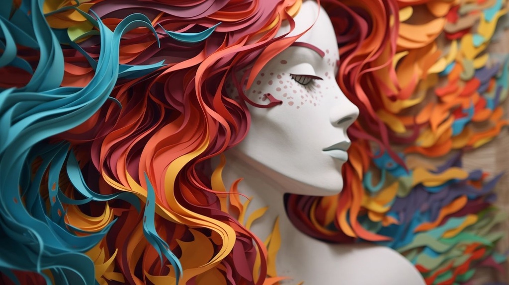 Prompt: her multicolor hair flow in the wind 3d paper art