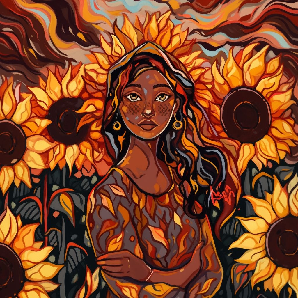 Prompt: The sunflower bloomed, painting the field with golden hues, in the style of Jackson Pollock, in the style of Frida Kahlo