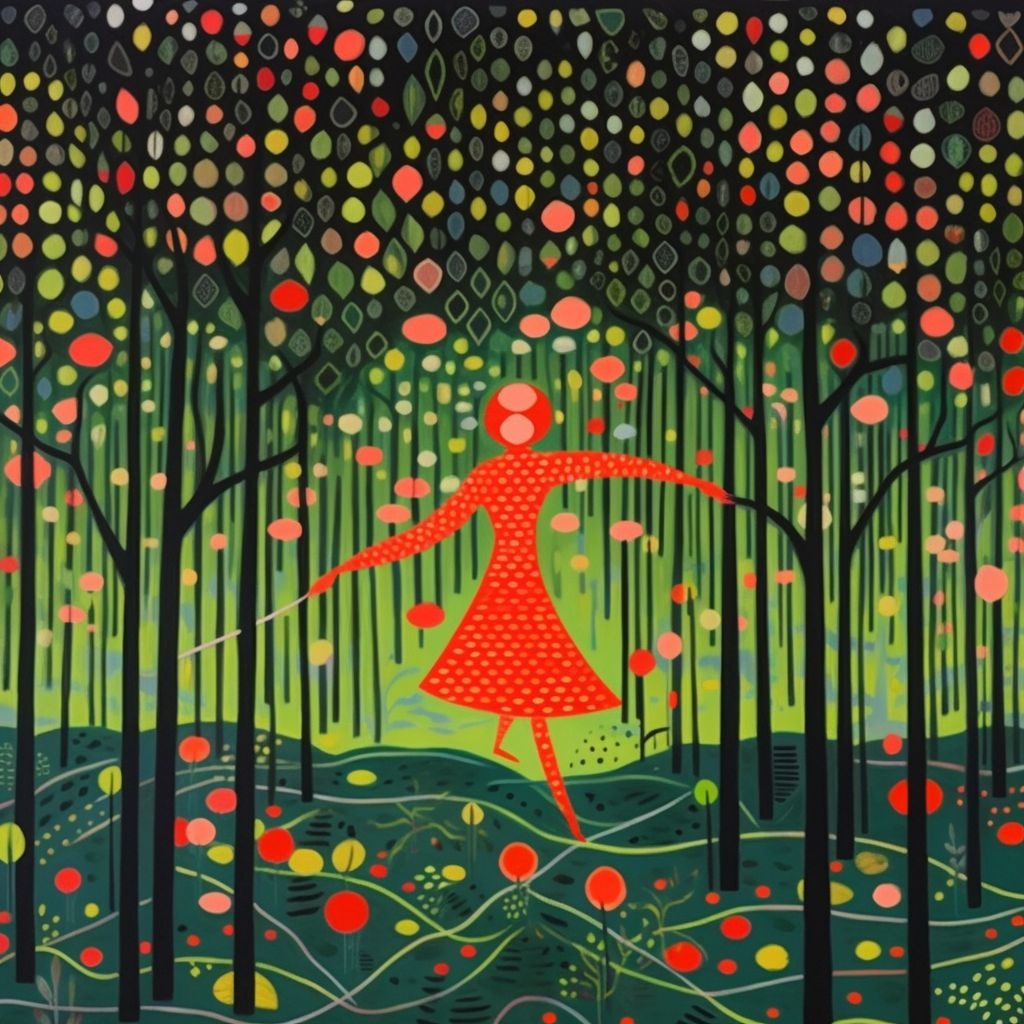 Prompt: In the quiet forest a symphony of leaves danced, in the style of Pablo Picasso, in the style of Yayoi Kusama