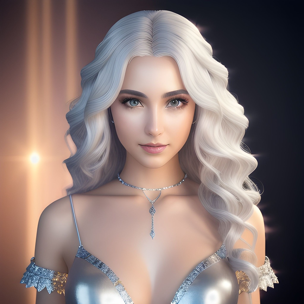 Prompt: Fantasy style, a hyper realistic detailed image of a celestial feminine woman, covered in nightly glow, looking straight ahead, body facing camera, camera top third of image, perfect composition, super detailed, sharp focus HDR, UDR, 120k, square jaw, light silver and white coloured skimpy dress, silver shoulder plates, long curly white hair, amber eyes, in a dark stary night-time fantasy background,