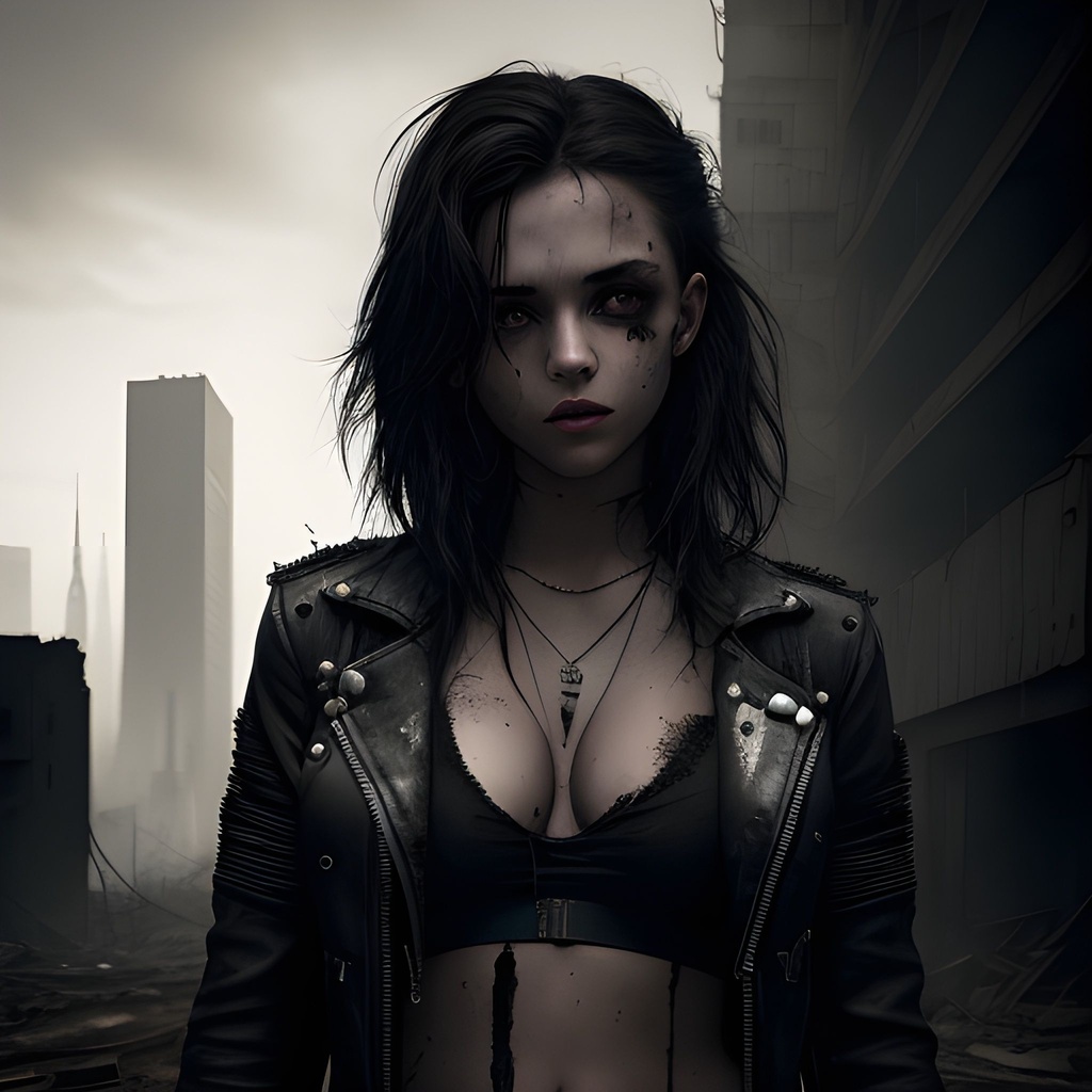 Prompt: Young beautiful Girl hiding in shattered industrial atmosphere,post apocalyptic ruined city, black tattered shirt, high detail, black colors,( cyberpunk), detailed eyes, hdr, 8k, ultra realistic, belly, (skulls on the ground), (small chest), black leather jacket, (beautiful detailed eyes), (detailedlight), ((intricate detail)), (highres), rubin-like dark red eyes, plump lips, small nose, thick eyebrows, almond-shaped eyes, detailed background, ((illustration)), (((masterpiece))), ((best quality)), (High resolution), (multi-colored hair)